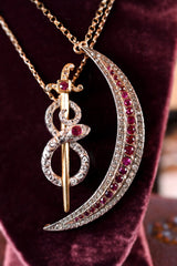 Sold on Layaway | 9K & Silver Victorian Diamond & Ruby Crescent Brooch-Necklace with Detachable Chain 18"