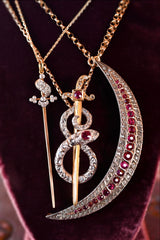 18K & Platinum French Victorian Diamond & Ruby Snake Sword Pendant