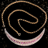 Sold on Layaway | 9K & Silver Victorian Diamond & Ruby Crescent Brooch-Necklace with Detachable Chain 18"