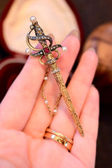 Sold on Layaway | 14K Dutch Victorian Diamond, Ruby & Pearl Sword Brooch