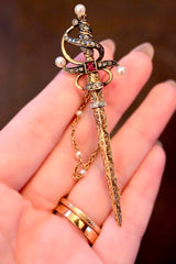 Sold on Layaway | 14K Dutch Victorian Diamond, Ruby & Pearl Sword Brooch