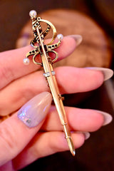 Sold on Layaway | 14K Dutch Victorian Diamond, Ruby & Pearl Sword Brooch