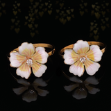 18K Victorian Diamond Violet Flower White & Yellow Enamel Ring Set (Pair)