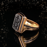 18K French Victorian Onyx Black Enamel Monogram AB/BA Ring with Secret Hidden Compartment