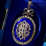 18K & Silver Victorian Diamond Bow Monogram MBE/MBC Blue Guilloche Enamel Locket