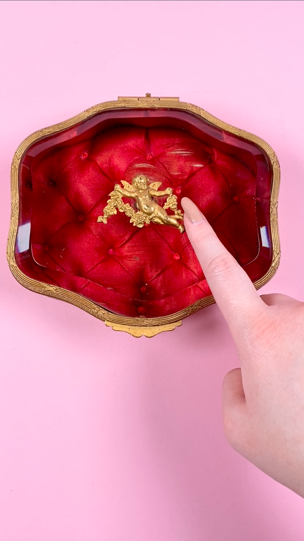 French Victorian Trinket Cherubs Tufted Silk Glass Box (Crimson Red)