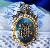 18K & Silver French Victorian Diamond & Pearl Bow Monogram JCO Pale Blue Guilloche Enamel Pendant