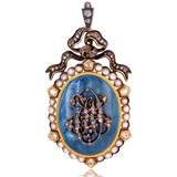 18K & Silver French Victorian Diamond & Pearl Bow Monogram JCO Pale Blue Guilloche Enamel Pendant