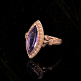 18K French Victorian Amethyst & Pearl Navette Ring