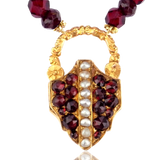 14K German Biedermeier Victorian Bohemian Garnet & Pearl Heart Padlock Locket Beaded Necklace