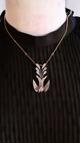 18K & Silver Victorian Diamond & Ruby Bird of Paradise Pendant
