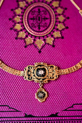 18K & Silver French Victorian Diamond Floral Black Enamel Choker Necklace 14.5" with 3" Chain Extender
