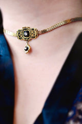 18K & Silver French Victorian Diamond Floral Black Enamel Choker Necklace 14.5" with 3" Chain Extender