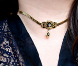 18K & Silver French Victorian Diamond Floral Black Enamel Choker Necklace 14.5" with 3" Chain Extender