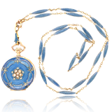 14K Swiss Victorian Vulcain Diamond & Guilloche Enamel Pocket Watch Necklace Chain