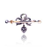 14K & Silver Victorian Diamond Bow Heart Brooch