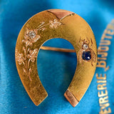 18K French Victorian Diamond & Sapphire Floral Insect Bug Horseshoe Brooch