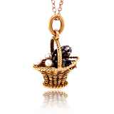 18K & Silver Victorian Diamond, Ruby & Pearl Rabbit Basket Pendant