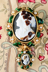 18K Victorian Hardstone Agate Double Cameo with Pearl & Green Enamel Brooch-Pendant Suite