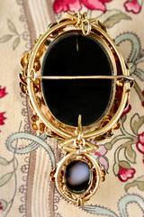 18K Victorian Hardstone Agate Double Cameo with Pearl & Green Enamel Brooch-Pendant Suite