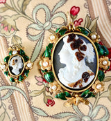 18K Victorian Hardstone Agate Double Cameo with Pearl & Green Enamel Brooch-Pendant Suite