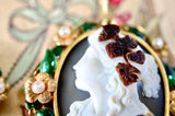 18K Victorian Hardstone Agate Double Cameo with Pearl & Green Enamel Brooch-Pendant Suite