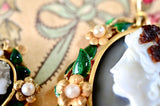 18K Victorian Hardstone Agate Double Cameo with Pearl & Green Enamel Brooch-Pendant Suite