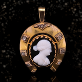 18K European Victorian Diamond & Onyx Cameo Horseshoe Pendant