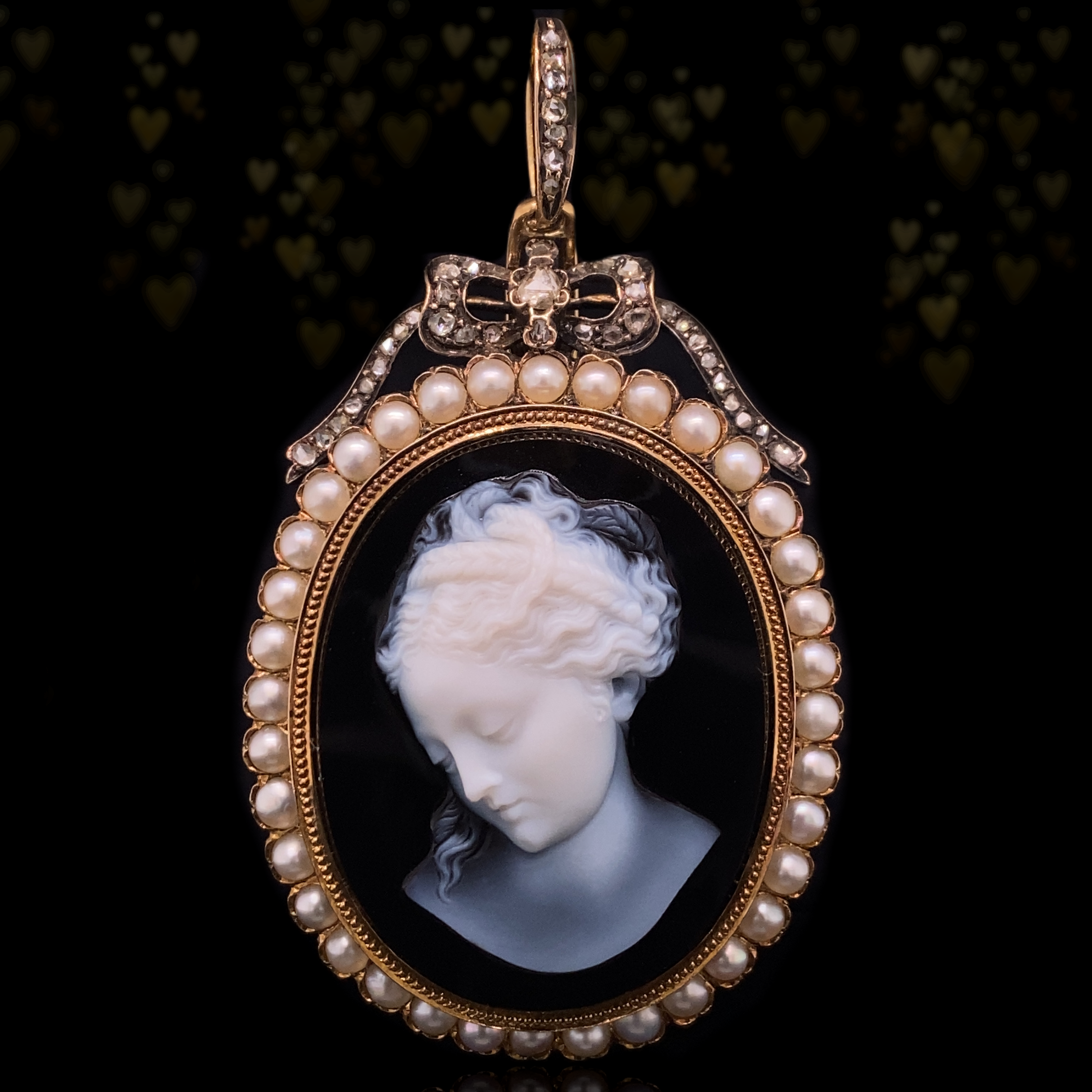 18K & Silver French Victorian Diamond, Onyx & Pearl Lady