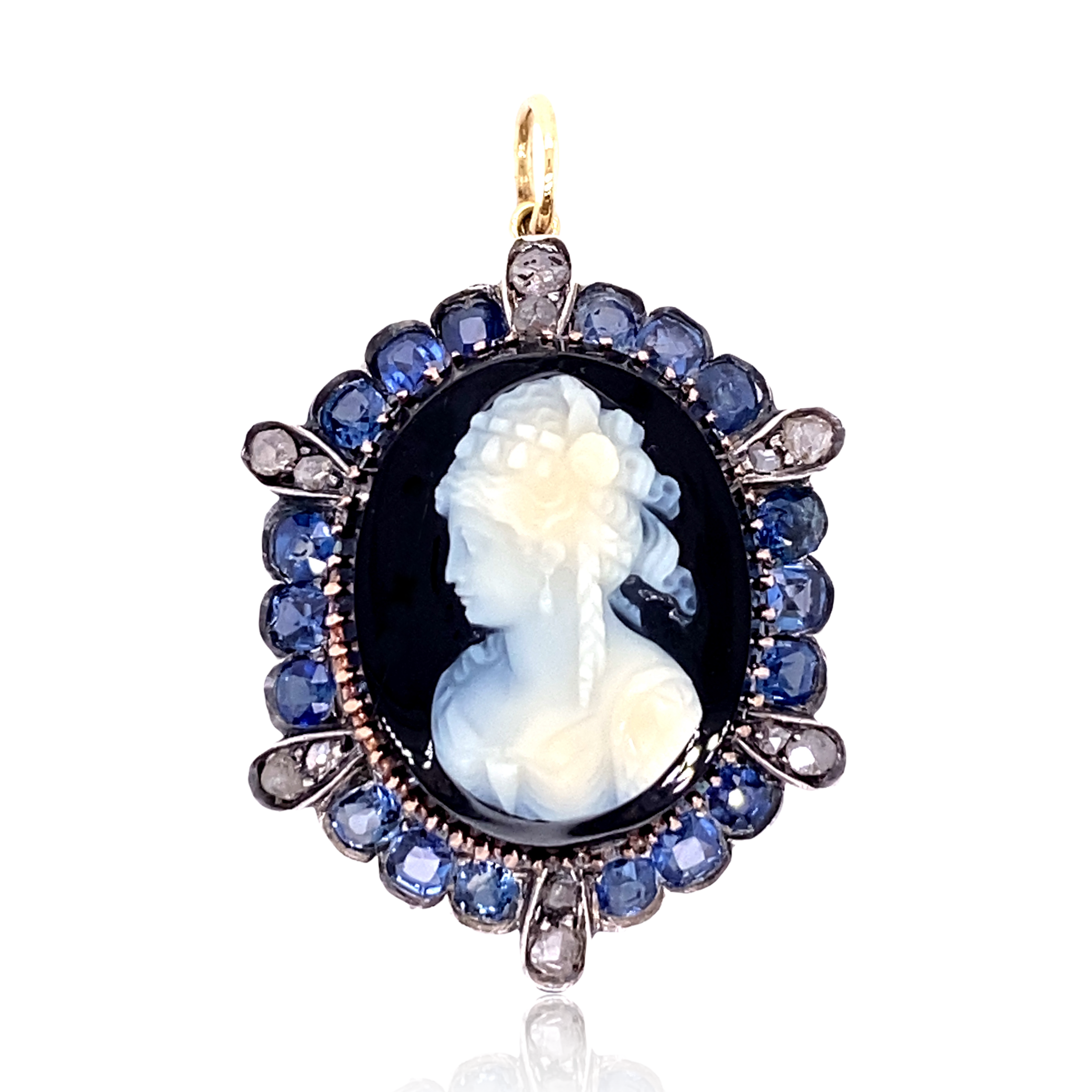 18K & Silver French Victorian Diamond, Sapphire & Onyx Cameo 