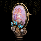 14K & Silver Austrian-Hungarian Victorian Turquoise & Pearl Enamel Cherub Flower Basket Brooch-Pendant