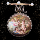 18K & Silver Georgian/Victorian Diamond & Pearl Cherub Enamel Pocket Watch with Brooch