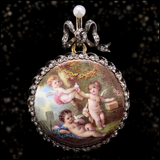 18K & Silver Georgian/Victorian Diamond & Pearl Cherub Enamel Pocket Watch with Brooch