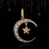 14K & Silver Victorian Diamond Dangling Star Crescent Pendant