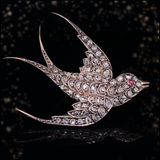 14K & Silver Victorian Diamond & Ruby Swallow Brooch