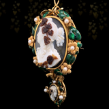 18K Victorian Hardstone Agate Double Cameo with Pearl & Green Enamel Brooch-Pendant Suite