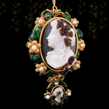 18K Victorian Hardstone Agate Double Cameo with Pearl & Green Enamel Brooch-Pendant Suite