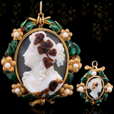 18K Victorian Hardstone Agate Double Cameo with Pearl & Green Enamel Brooch-Pendant Suite