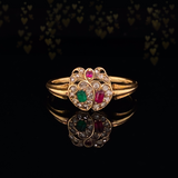14K European Victorian Diamond, Emerald & Ruby Crowned Double Heart Ring