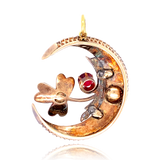 9K & Silver Victorian Diamond & Garnet Flower Crescent Pendant
