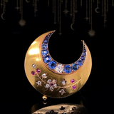 14K Dutch Victorian Diamond, Sapphire & Ruby Floral Crescent Brooch