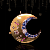 14K Dutch Victorian Diamond, Sapphire & Ruby Floral Crescent Brooch