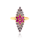 18K & Silver French Victorian Diamond & Ruby Flower Navette Ring