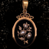 18K French Victorian Diamond & Onyx Ornate Flower Locket