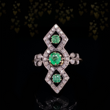 18K & Silver French Victorian Geometric Diamond & Emerald Ring