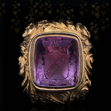 14K Georgian Amethyst Crowned Lion "In God Is My Trust" Fob Pendant