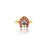 9K Victorian Turquoise & Pearl Horseshoe Clover Ring
