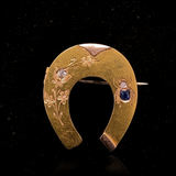18K French Victorian Diamond & Sapphire Floral Insect Bug Horseshoe Brooch