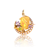 14K American Victorian Krementz & Co. Enamel & Pearl Art Nouveau Lady Crescent Brooch-Pendant