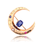 14K Victorian Sapphire, Ruby & Pearl Crescent Brooch